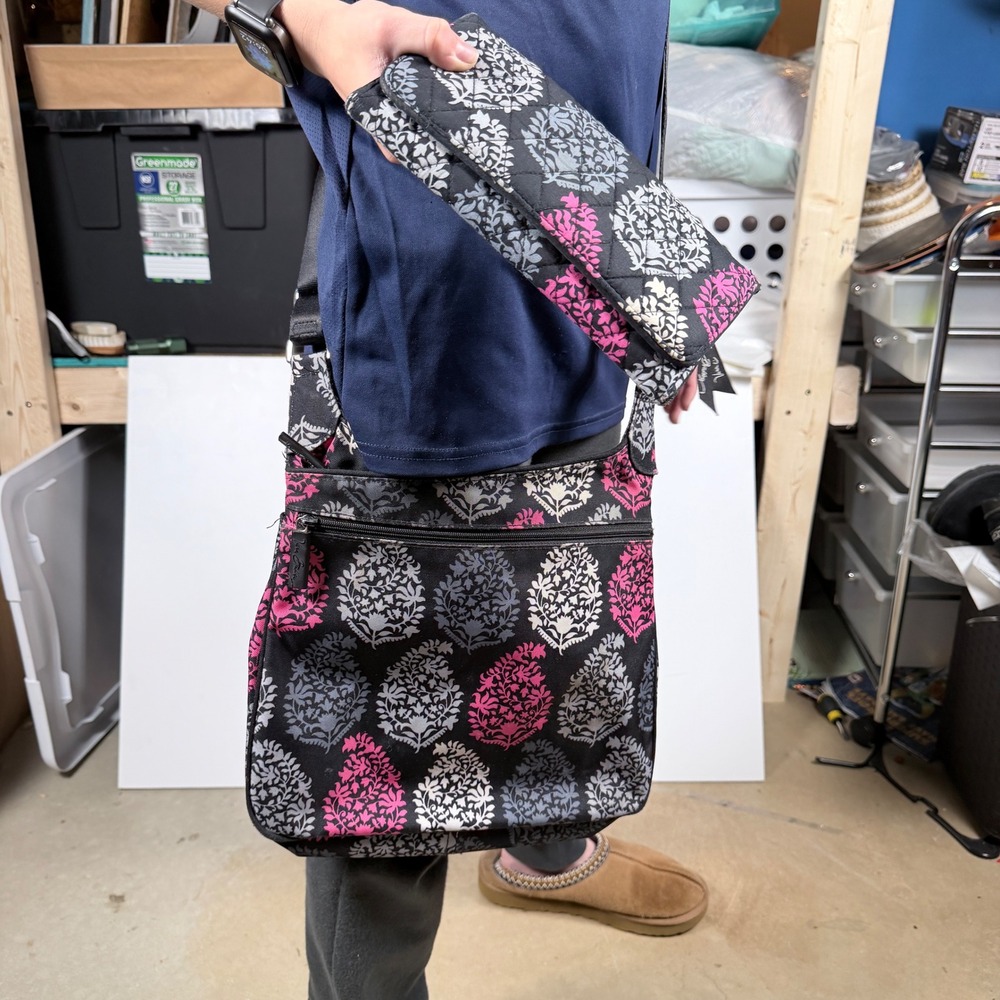 Vera Bradley Black Pink Gray Floral Crossbody Bag with Matching Wallet